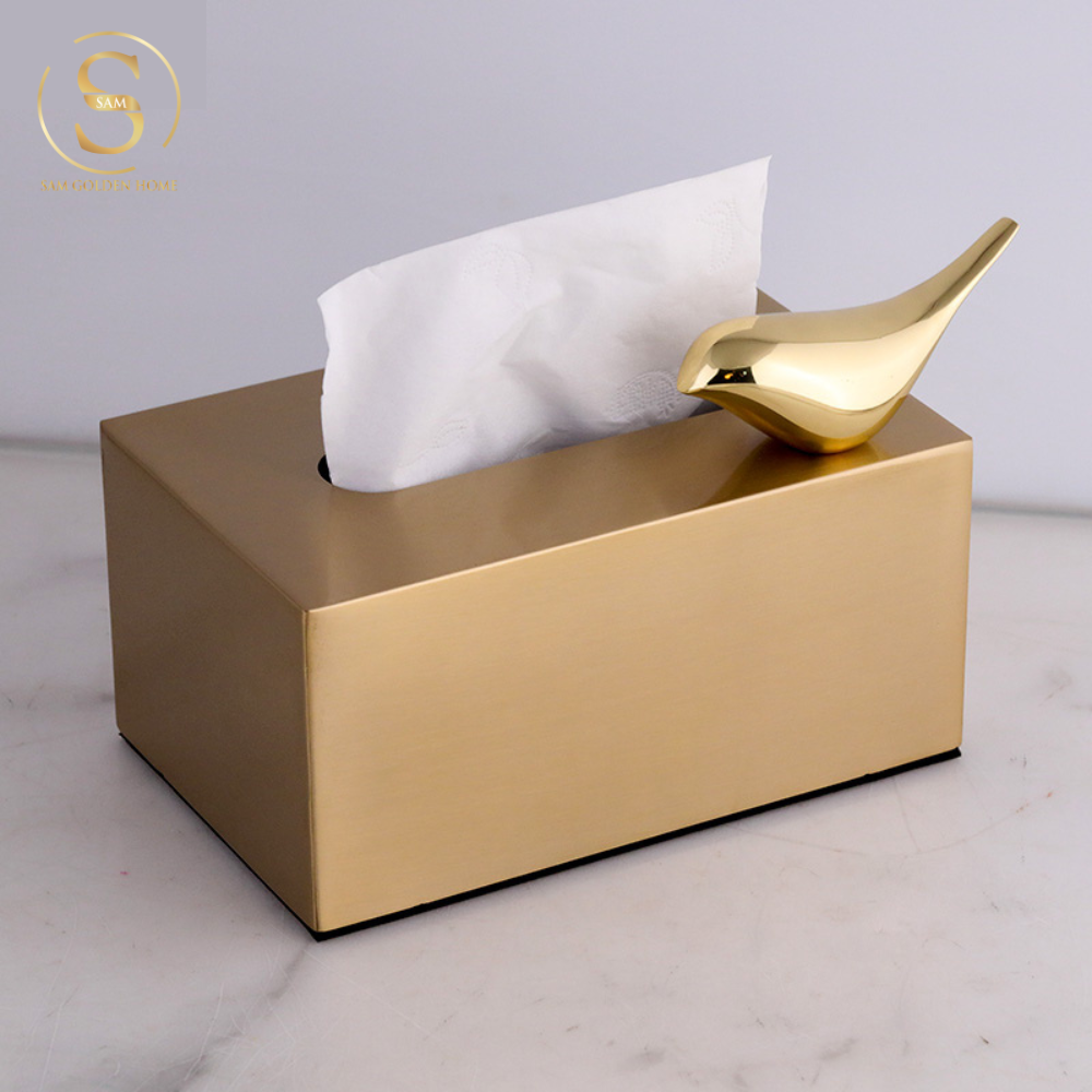 Hộp Đựng Khăn Giấy Sang Trọng Coco Vàng Gold Hợp Kim Cao Cấp Tặng Kèm Tượng Chim Sẻ Gold Decor Phòng Ăn