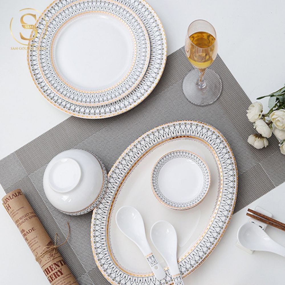 Chén Bát Đĩa Lẻ Món Sứ Xương Aura Cao Cấp Viền Vàng Sang Trọng Kiểu Âu Thời Thượng Quà Tặng Tân Gia