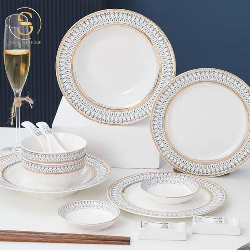 Chén Bát Đĩa Lẻ Món Sứ Xương Aura Cao Cấp Viền Vàng Sang Trọng Kiểu Âu Thời Thượng Quà Tặng Tân Gia