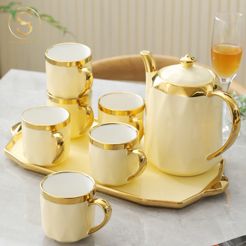  Bộ Ấm Trà Shein Gốm Sứ Cao Cấp Màu Kem Viền Vàng Sang Trọng Kèm Khay Đựng Hiện Đại 