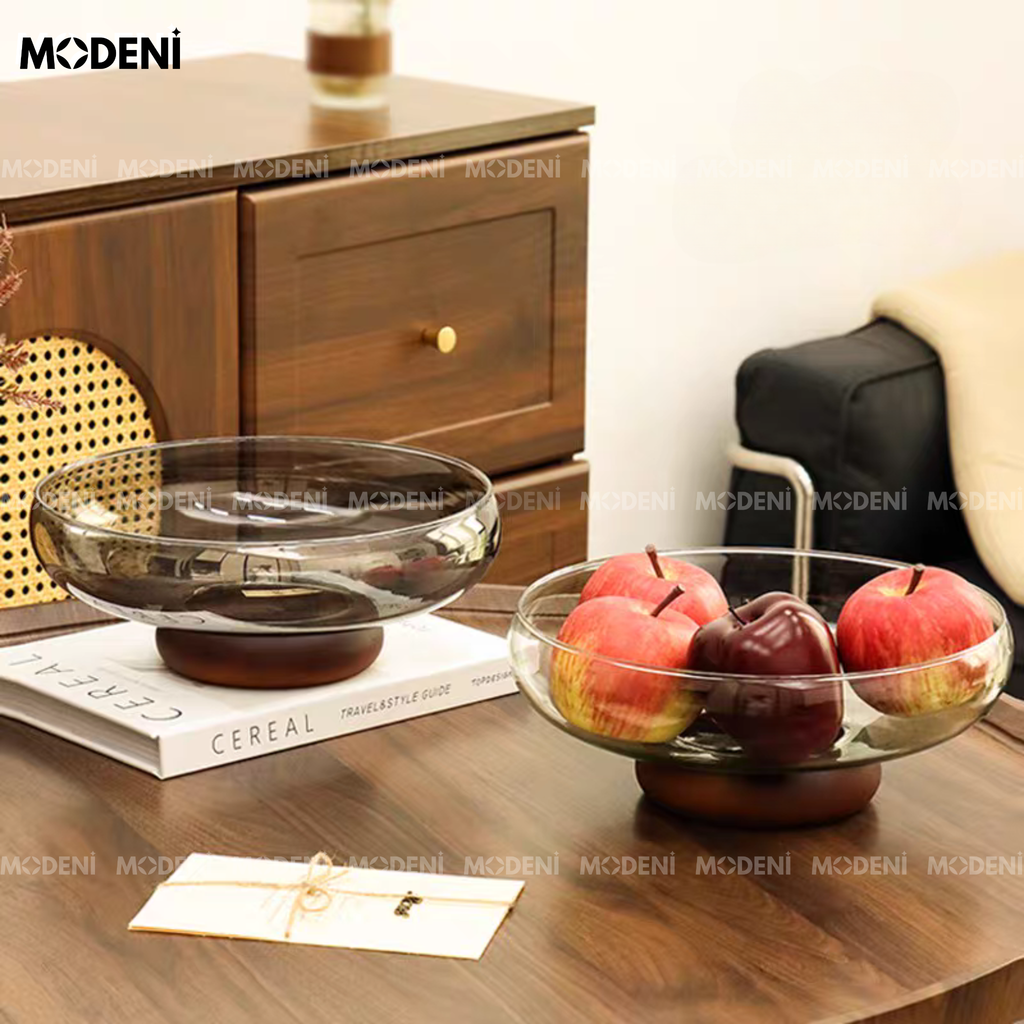 Tô thủy tinh Doma chân gỗ cao cấp – Đựng trái cây, decor bàn ăn hiện đại