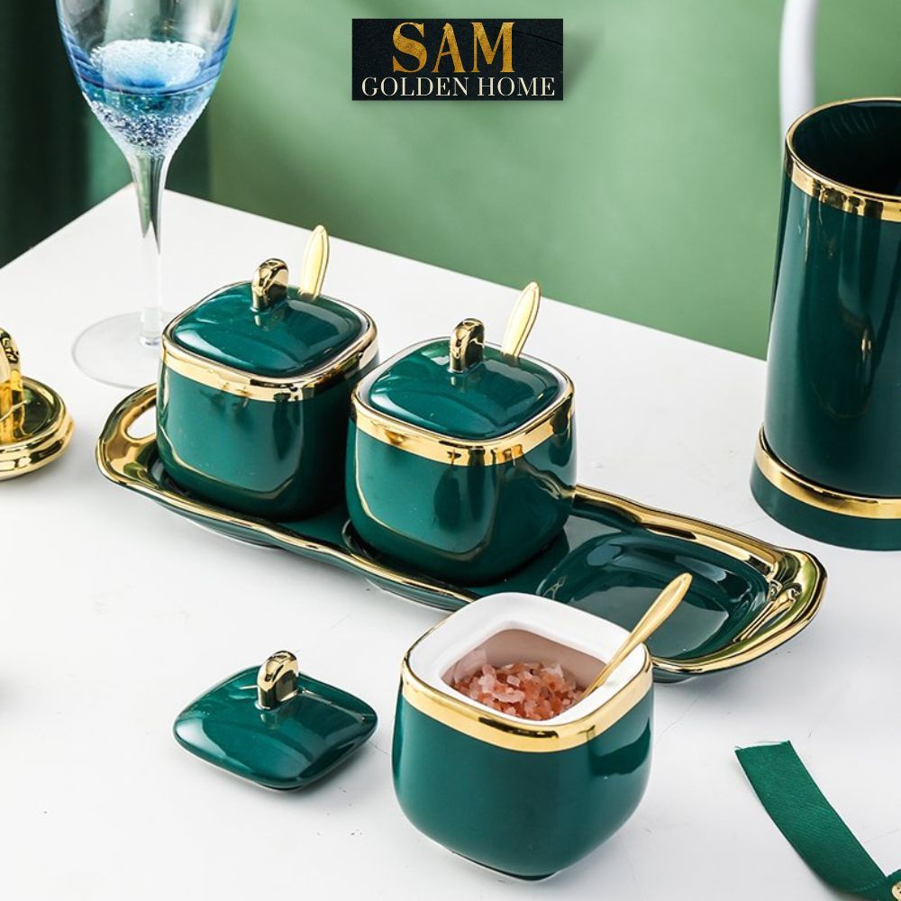 Hũ Đựng Gia Vị Gốm Sứ Tubi Cao Cấp Emerald Viền Vàng Gold Sang Trọng Phong Cách Hiện Đại