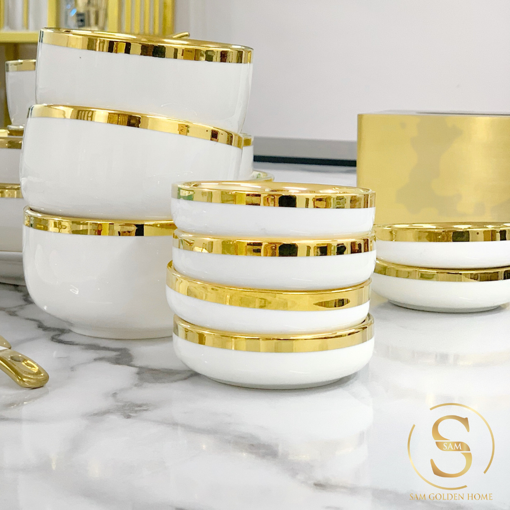 Bộ Tô Chén Đĩa Viền Vàng Nortylis Màu Trắng Gốm Sứ Cao Cấp Phong Cách Hiện Đại Châu Âu Quà Tặng Tân Gia