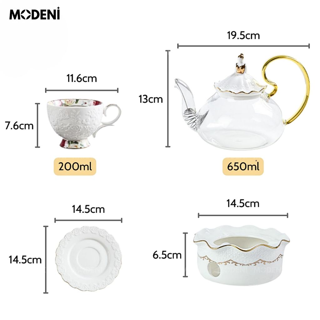 Bộ Ấm Trà Alice Sứ Tráng Men/Thủy Tinh Cao Cấp Kèm Khay Đựng Đế Nến Giữ Nhiệt Sang Trọng Phong Cách Châu Âu