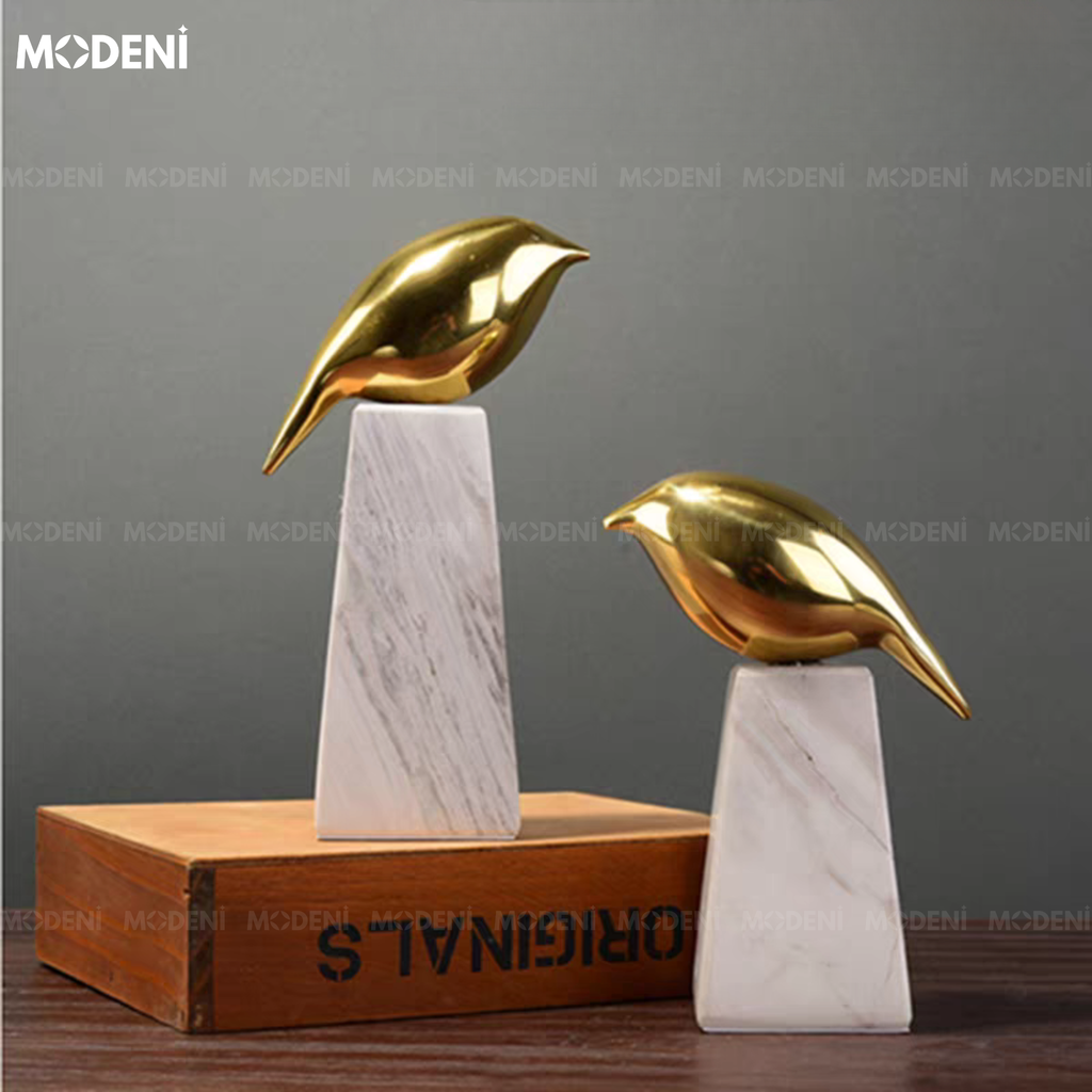 Tượng Aurora Chim Nghệ Thuật Cao Cấp – Ánh Kim Sang Trọng, Đế Đá Cẩm Thạch – Decor Bàn Console, Kệ Tủ, Không Gian Hiện Đại