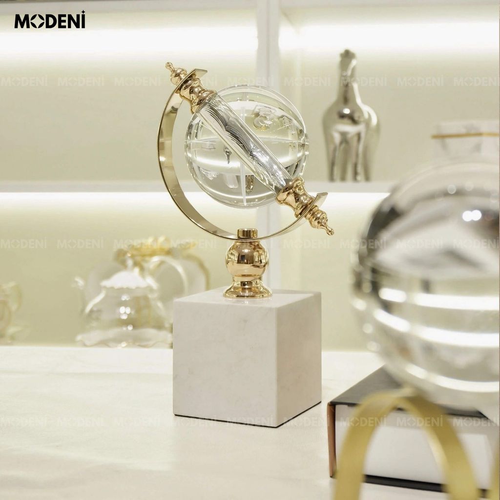 Tượng Cầu Thủy Tinh Vanis Cao Cấp – Đế Đá Cẩm Thạch Tự Nhiên – Decor Sang Trọng Cho Kệ Tủ, Bàn Phòng Khách Hiện Đại