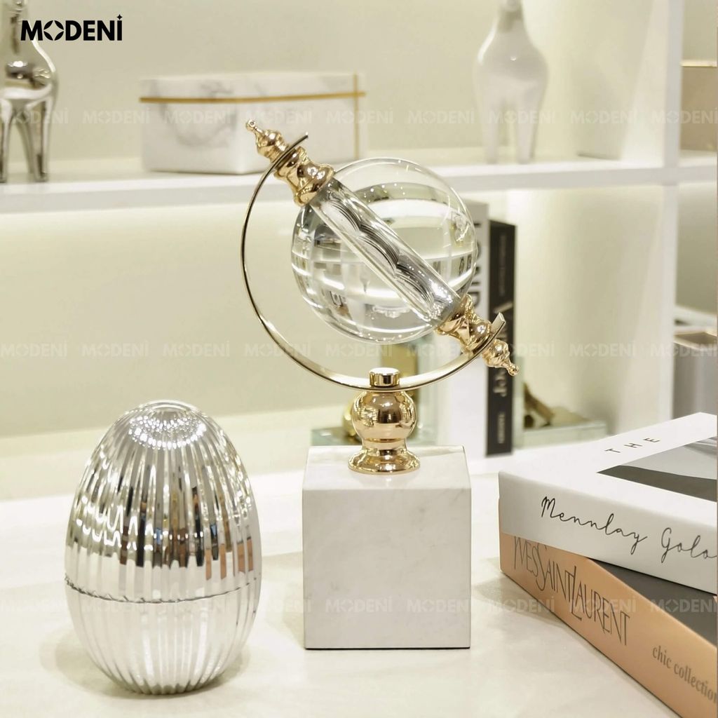 Tượng Cầu Thủy Tinh Vanis Cao Cấp – Đế Đá Cẩm Thạch Tự Nhiên – Decor Sang Trọng Cho Kệ Tủ, Bàn Phòng Khách Hiện Đại