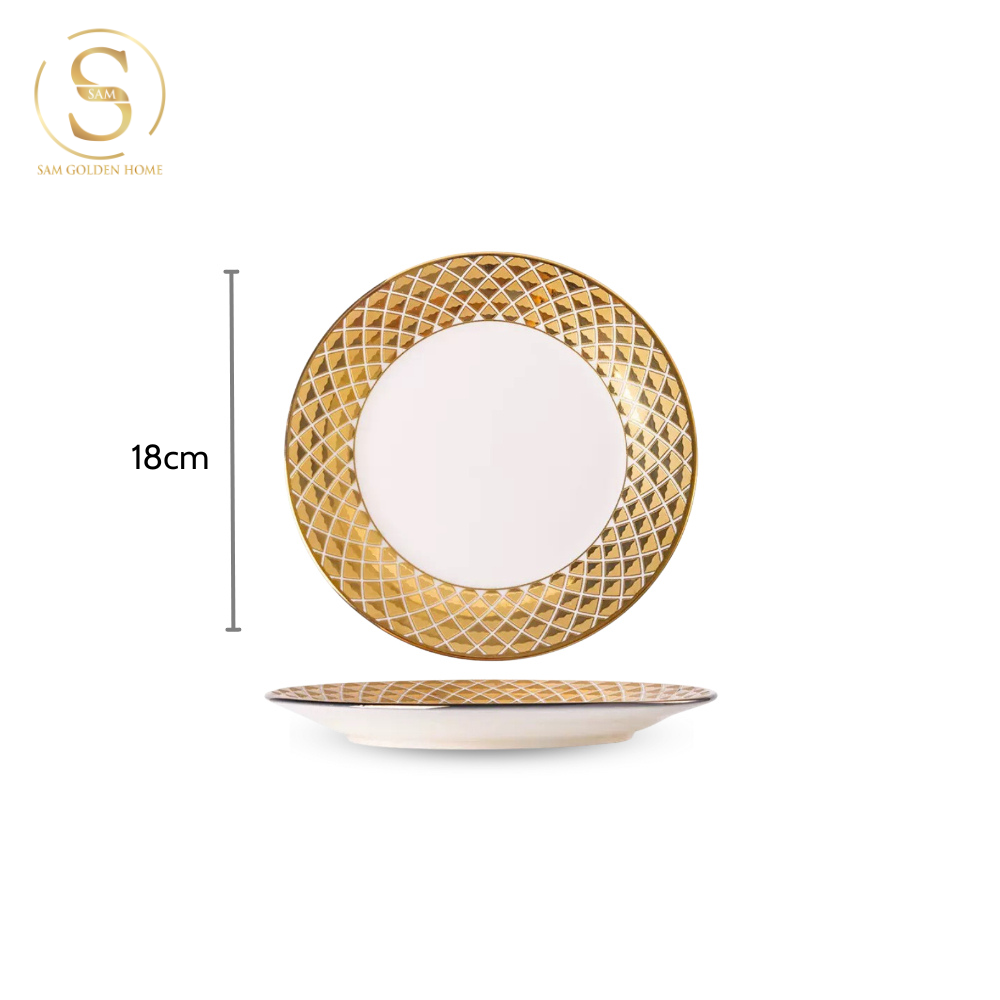 Đĩa Sứ Tráng Men Glatrix Viền Vàng Hoa Văn Diamond Châu Âu Sang Trọng