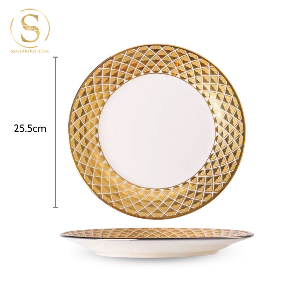 Đĩa Sứ Tráng Men Glatrix Viền Vàng Hoa Văn Diamond Châu Âu Sang Trọng