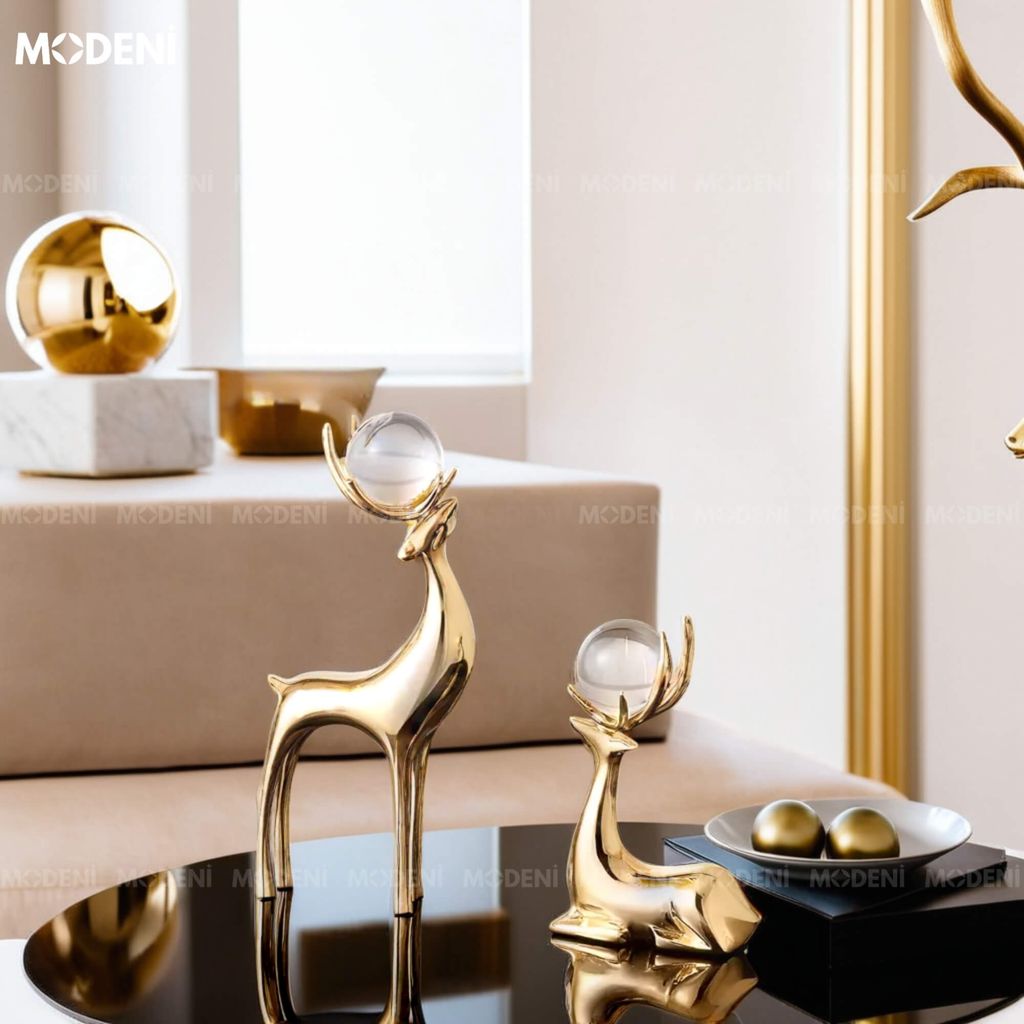 Set Tượng Nai Laelia Cao Cấp – Mạ Vàng Kèm Ngọc Pha Lê – Decor Sang Trọng Cho Bàn Phòng Khách, Kệ Tủ Hiện Đại