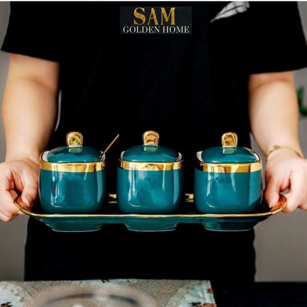 Hũ Đựng Gia Vị Gốm Sứ Tubi Cao Cấp Emerald Viền Vàng Gold Sang Trọng Phong Cách Hiện Đại