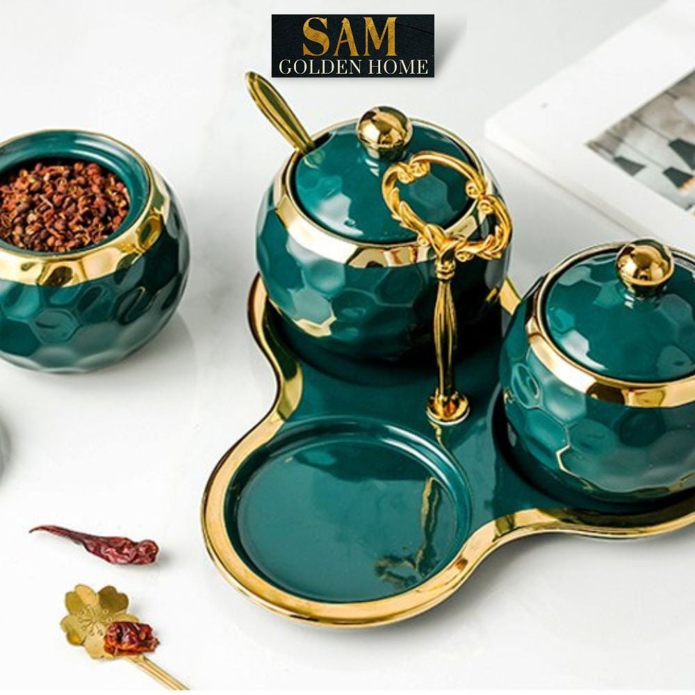 Hũ Đựng Gia Vị Cori Sứ Tráng Men Ceramics Viền Vàng Cao Cấp Kèm Khay Sứ và Thìa Phong Cách Hàn Quốc Sang Trọng