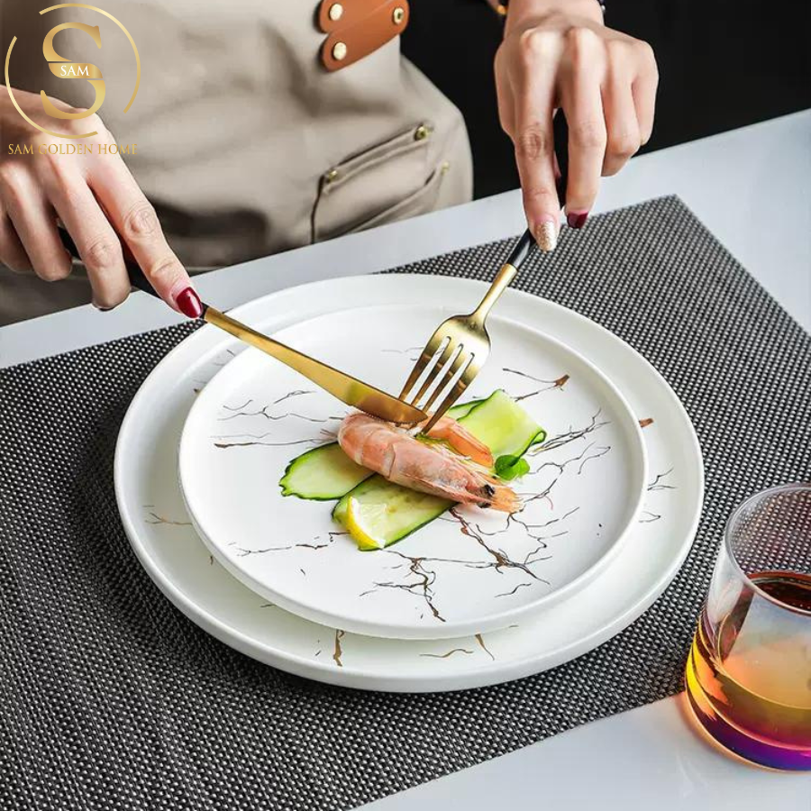 Đĩa Pasta Sứ 25 Rome Marble Đen Vân Đá Sang Trọng Hiện Đại Châu Âu - Rome Marble Plate