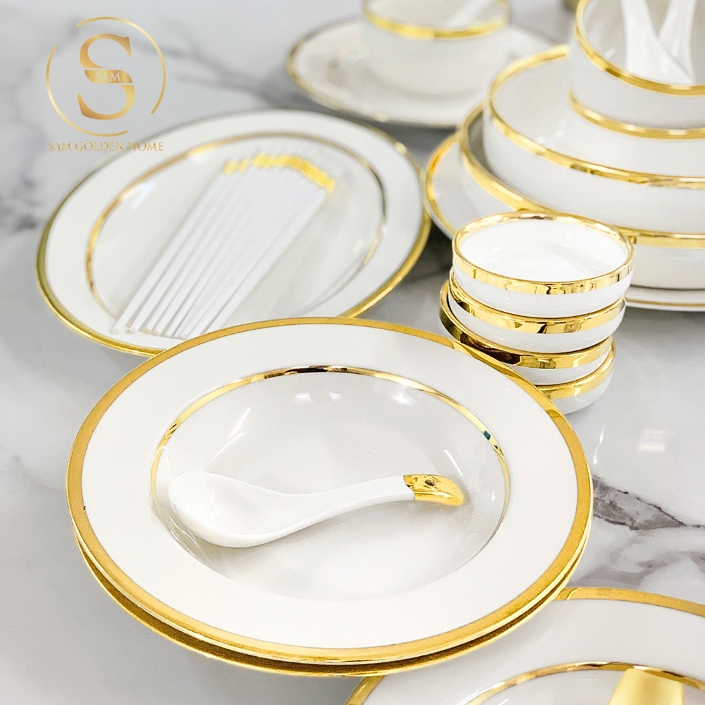 Bộ Tô Chén Đĩa Viền Vàng Nortylis Màu Trắng Gốm Sứ Cao Cấp Phong Cách Hiện Đại Châu Âu Quà Tặng Tân Gia