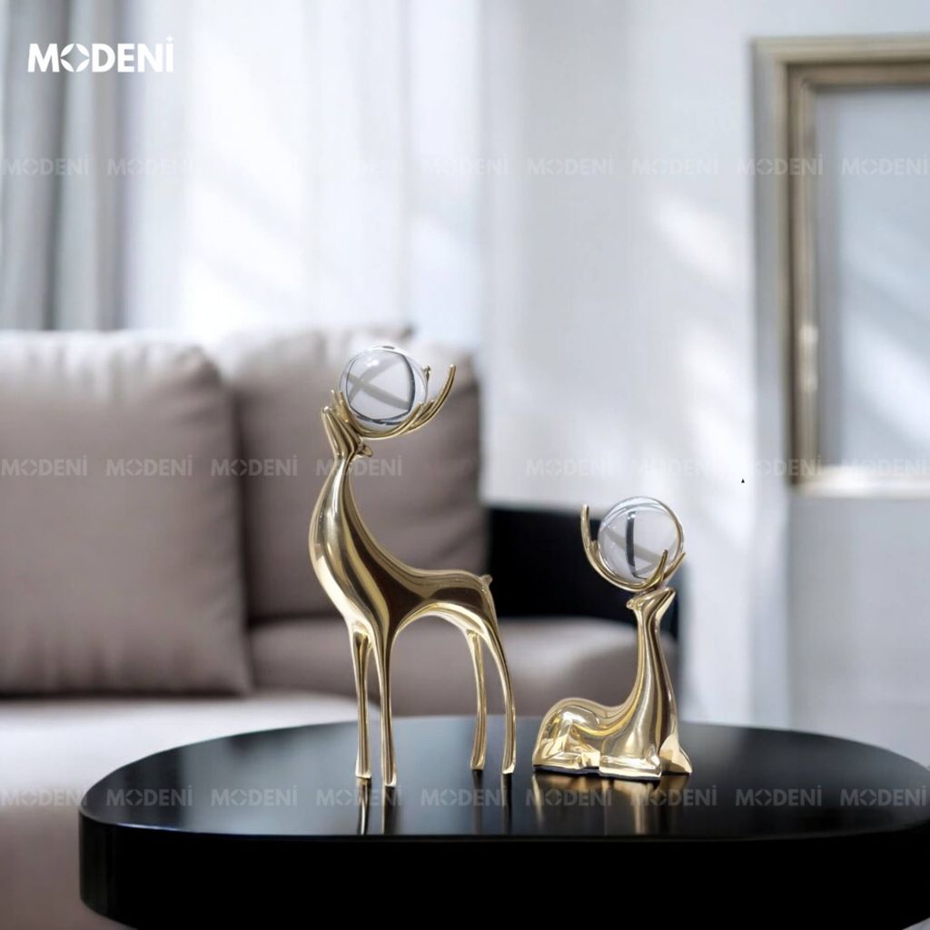 Set Tượng Nai Laelia Cao Cấp – Mạ Vàng Kèm Ngọc Pha Lê – Decor Sang Trọng Cho Bàn Phòng Khách, Kệ Tủ Hiện Đại