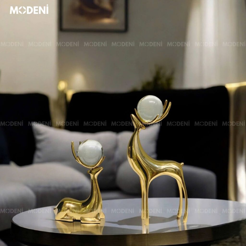 Set Tượng Nai Laelia Cao Cấp – Mạ Vàng Kèm Ngọc Pha Lê – Decor Sang Trọng Cho Bàn Phòng Khách, Kệ Tủ Hiện Đại