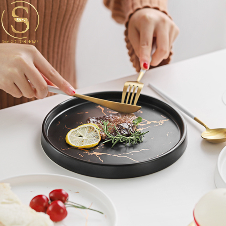 Đĩa Pasta Sứ 25 Rome Marble Đen Vân Đá Sang Trọng Hiện Đại Châu Âu - Rome Marble Plate