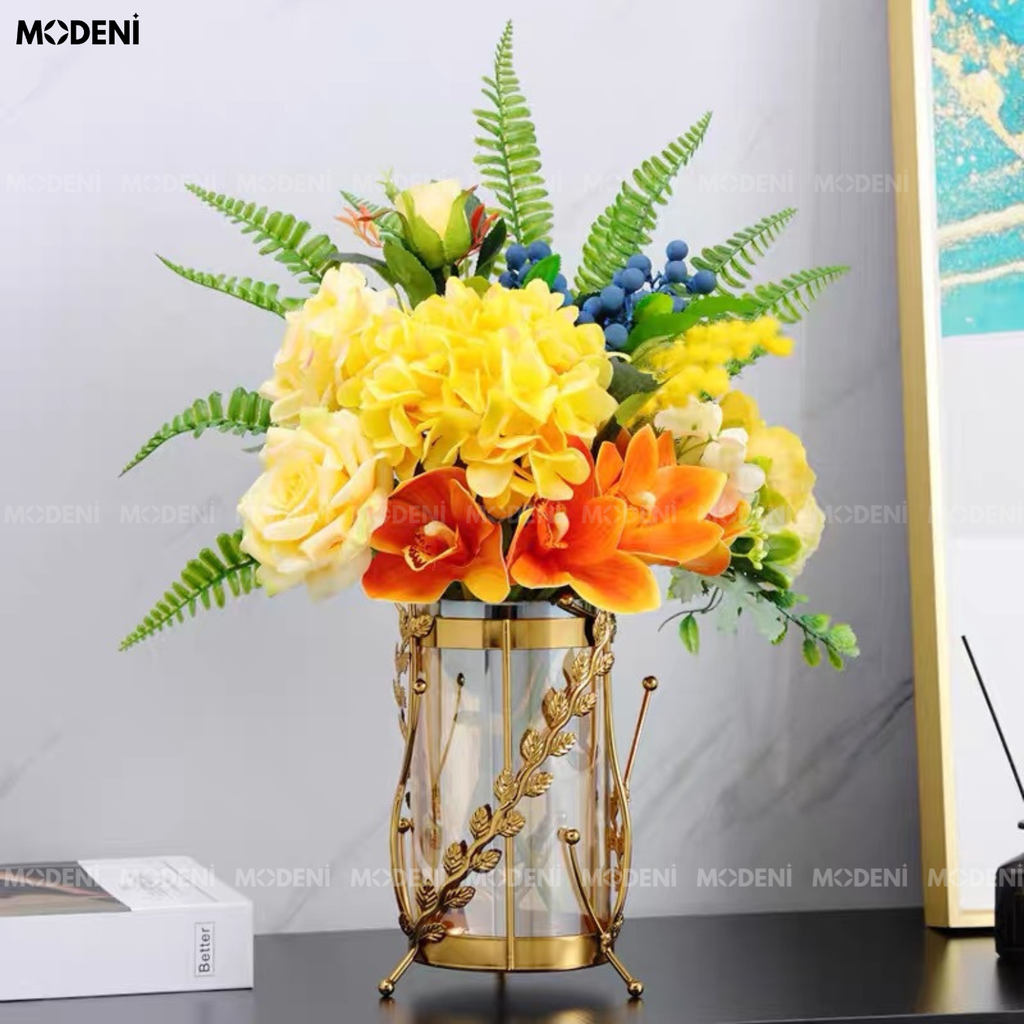 Bình Hoa Thủy Tinh Rosy Decor Sang Trọng – Phối Kim Loại Vàng – Kích Thước 20.5cm & 13cm