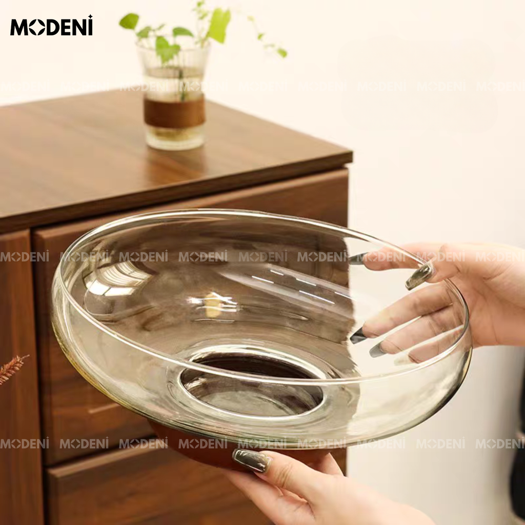 Tô thủy tinh Doma chân gỗ cao cấp – Đựng trái cây, decor bàn ăn hiện đại