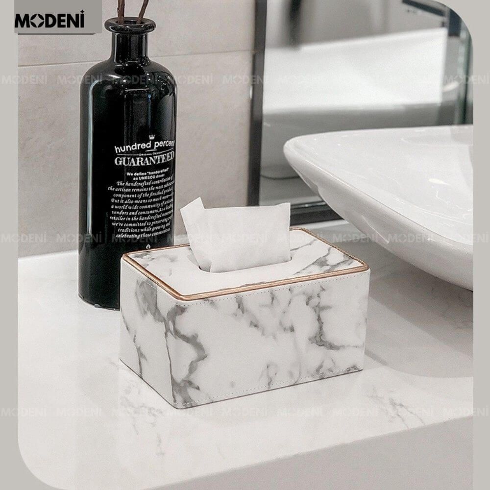 Hộp khăn giấy Sapi Trắng Vân Đá Da PU cao cấp hiện đại cho phòng khách và văn phòng Trọng