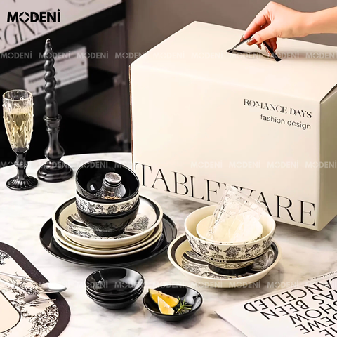Bộ chén đĩa sứ trắng đen cao cấp Dioria phối họa tiết rừng nghệ thuật, setup bàn ăn hiện đại
