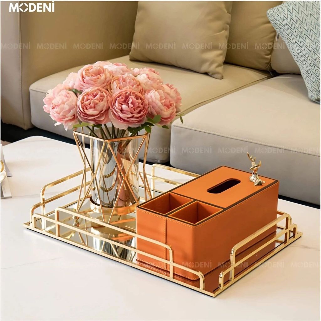 Khay Chữ Nhật Jade Cao Cấp – Khay Bàn Gương Khung Kim Loại Mạ Vàng Decor Sang Trọng – Phù Hợp Trang Trí Bàn Sofa, Bàn Trang Điểm
