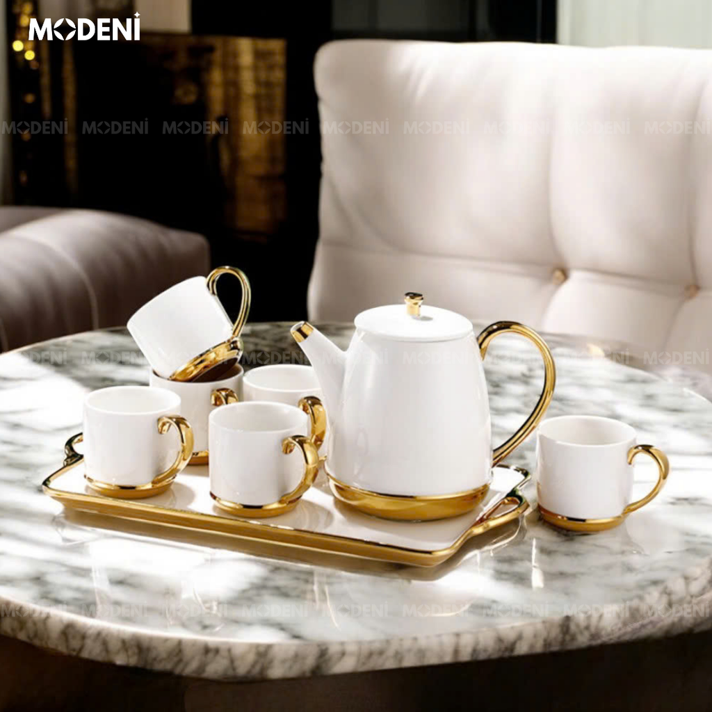 Bộ Ấm Trà Tobi Gốm Sứ Cao Cấp Kèm Khay Đựng Màu Trắng Sang Trọng Viền Vàng Phong Cách Châu Âu