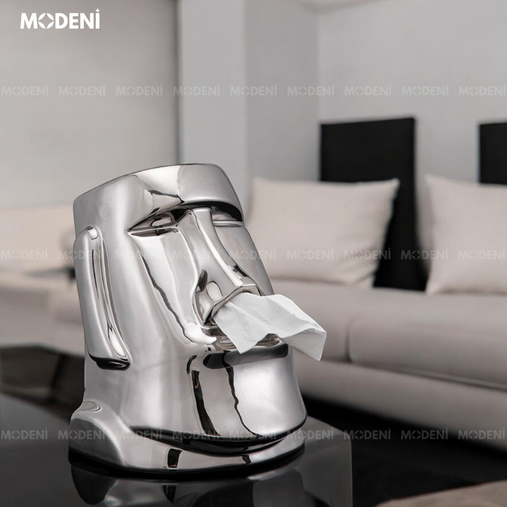 Hộp Khăn Giấy Moai Silver Cao Cấp – Thiết Kế Nghệ Thuật Độc Đáo – Decor Phòng Khách, Bàn Làm Việc, Quà Tặng Lạ Mắt