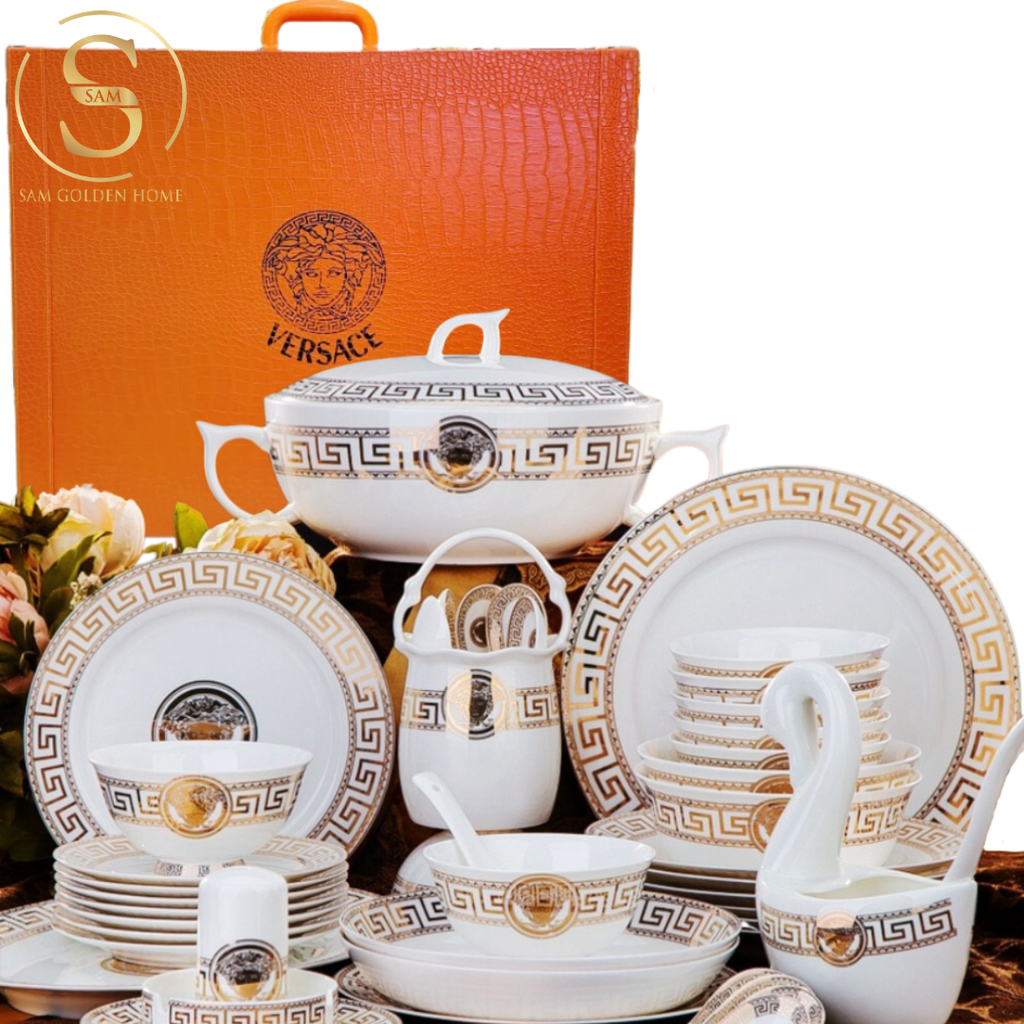 Bộ Tô Chén Đĩa V Luxury Sứ Xương Cao Cấp Viền Vàng Quà Tặng Tân Gia Sang Trọng