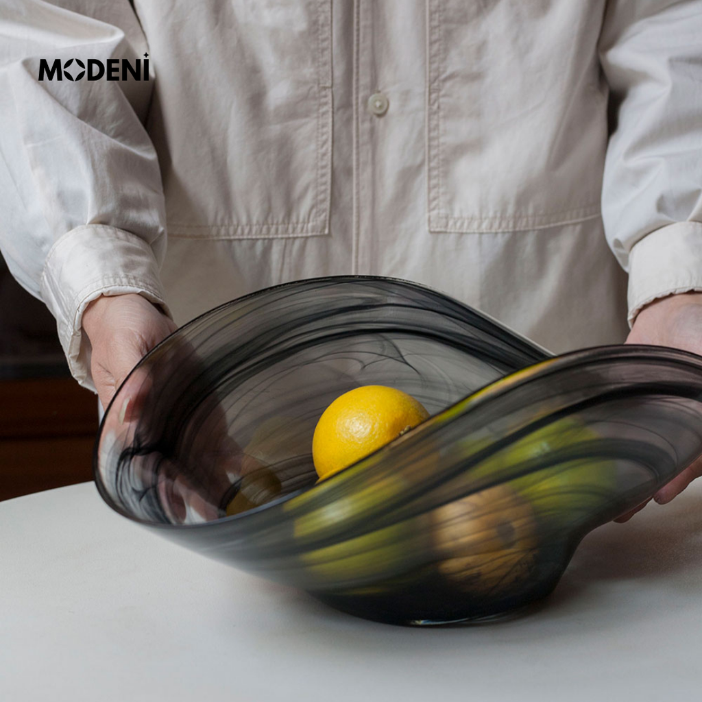 Tô Trái Cây Thủy Tinh Calista – Tô Thủy Tinh Nghệ Thuật Loang Màu – Thiết Kế Oval Bo Cong Độc Đáo – Kích Thước 36.8cm – Decor Hiện Đại Tối Giản
