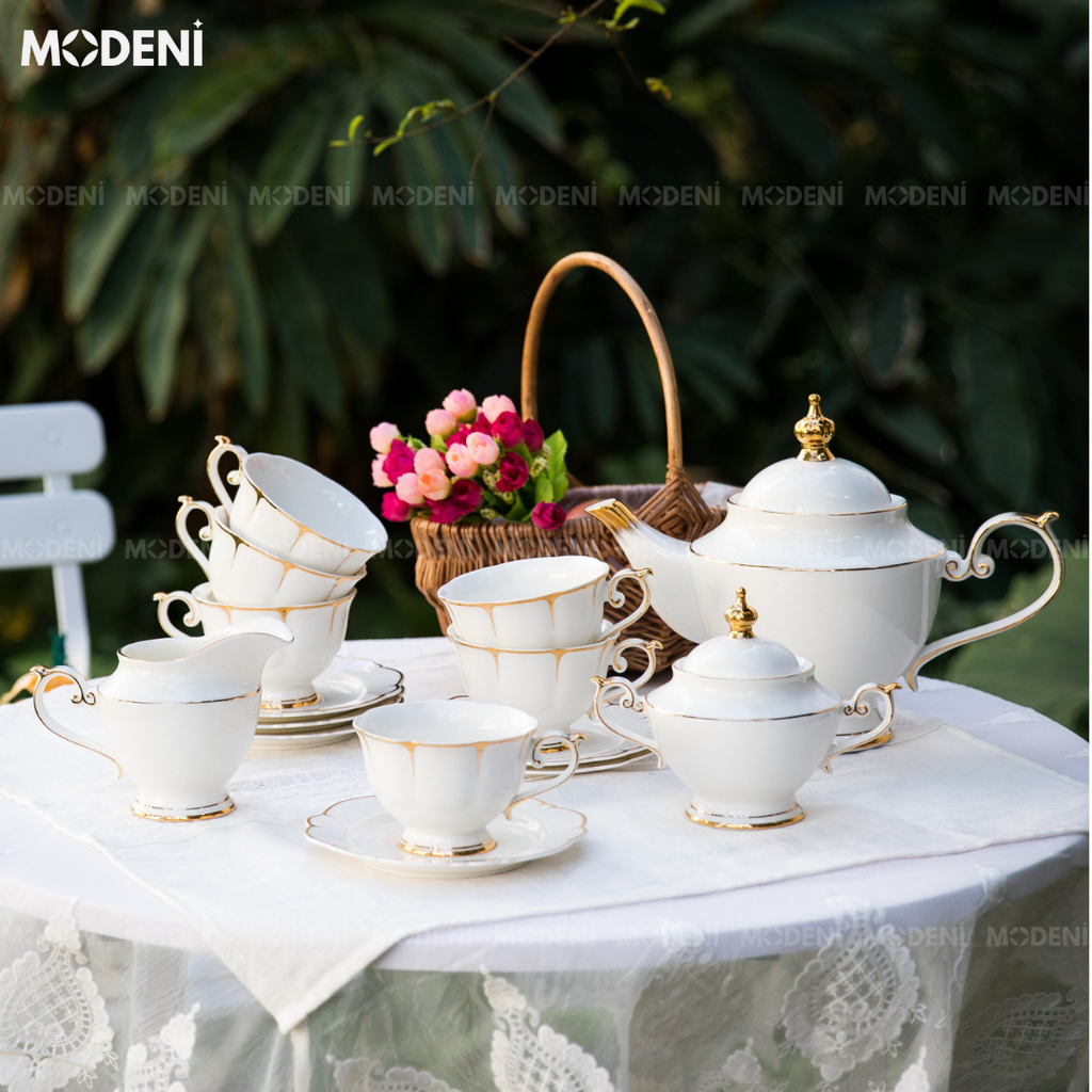 Viora – Bộ Trà Sứ Cao Cấp 21 Món Phong Cách Hoàng Gia – Gồm Ấm Trà, Bình Đường, Bình Sữa, 6 Ly – Decor Villa hoặc Quà Tặng Sang Trọng