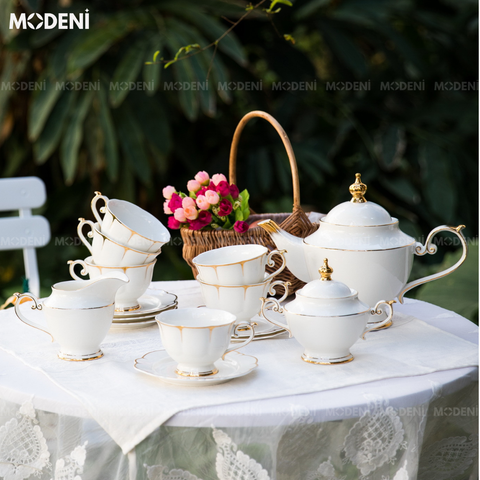  Viora – Bộ Trà Sứ Cao Cấp 21 Món Phong Cách Hoàng Gia – Gồm Ấm Trà, Bình Đường, Bình Sữa, 6 Ly – Decor Villa hoặc Quà Tặng Sang Trọng 