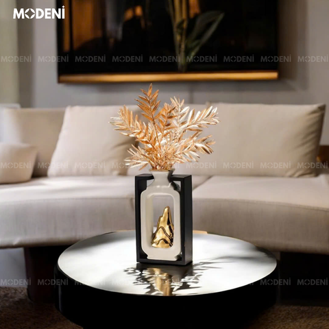  Bình Hoa Hazel Gốm Sứ Cao Cấp Sang Trọng Kèm Lá Kim Mạ Vàng Phong Cách Châu Âu - Bình Đứng 