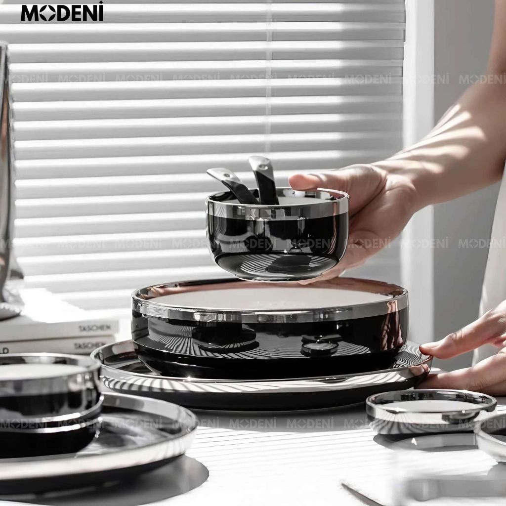 Bộ chén đĩa sứ Adelaide đen cao cấp – Men 3 lớp an toàn, decor đẳng cấp bàn ăn hiện đại