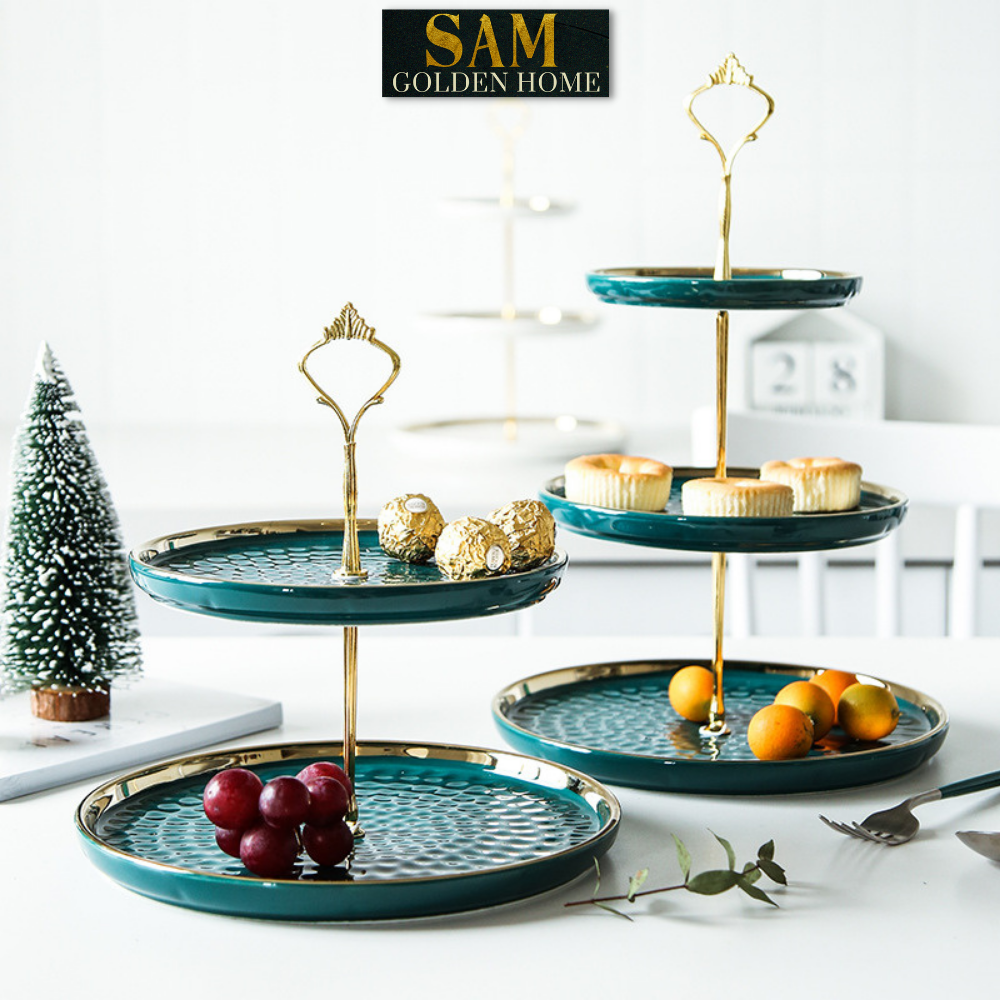 Khay Đĩa Papier 3 Tầng Gốm Sứ Men Cao Cấp – Decor Bàn Tiệc Trái Cây, Bánh Kẹo – Tông Xanh Ngọc Lục Bảo Sang Trọng