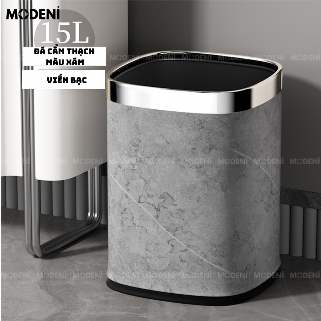 Thùng Rác Rowan Vân Đá Xám Sang Trọng – Thùng Rác Decor Inox Viền Bạc – Dung tích 15L, phù hợp nhà bếp – nhà tắm hiện đại