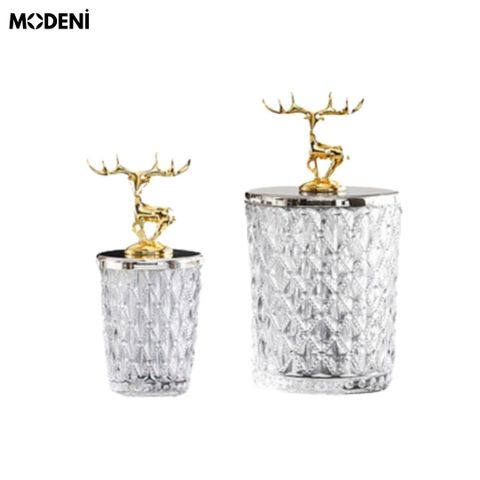 Set 2 lọ thuỷ tinh Patronus cao cấp với nắp tuần lộc đặt trên bàn tiếp khách hiện đại