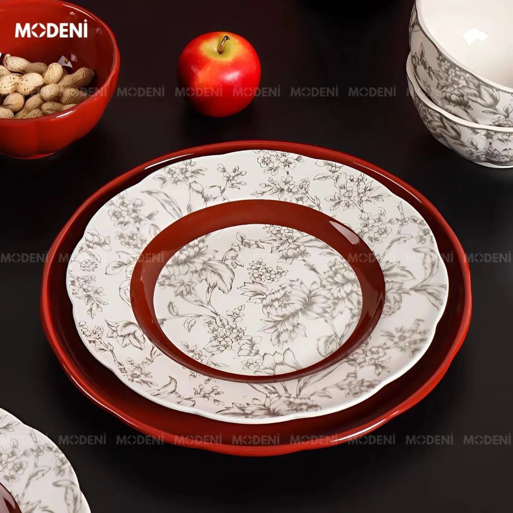 Bộ Chén Đĩa Briona Cao Cấp – Bát Đĩa Sang Trọng Phối Đỏ Rượu Vang – Phù Hợp Bàn Ăn Gia Đình Hiện Đại