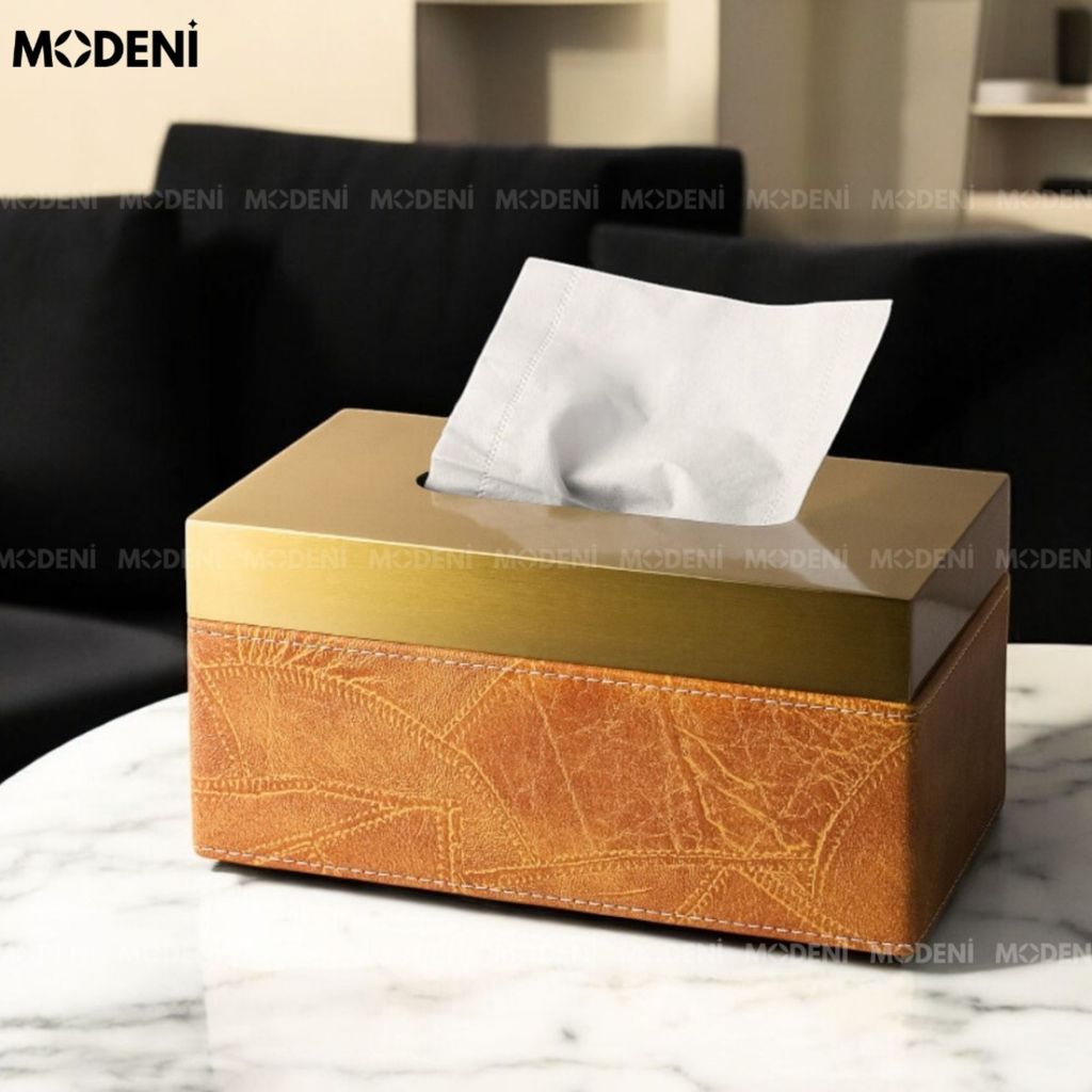 Hộp khăn giấy Tangeri da nhân tạo vân nổi cao cấp phối kim loại champagne gold sang trọng hiện đại cho phòng ngủ và bàn ăn