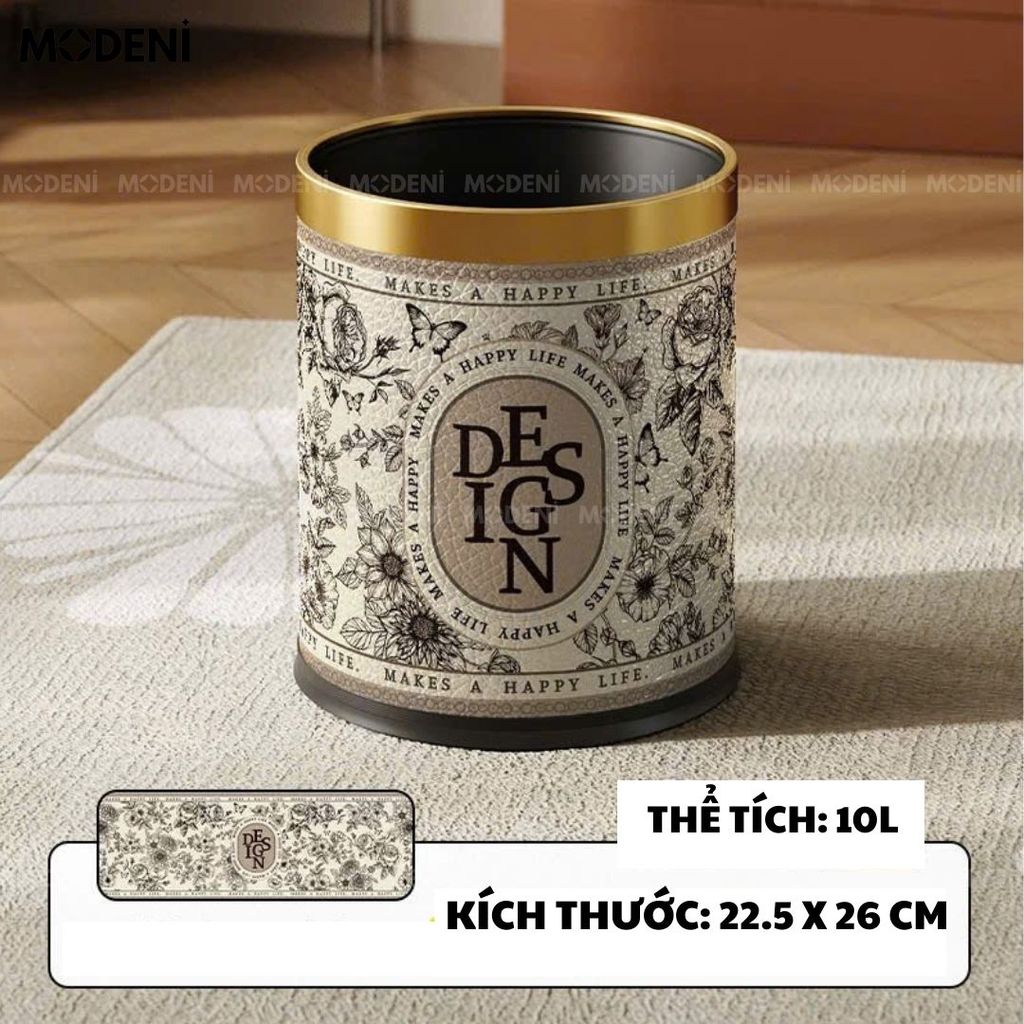Thùng Rác Denis White – Thùng Rác Decor Hoa Văn Trang Nhã – 10L – Thiết Kế Không Nắp – Phù Hợp Phòng Khách, Phòng Ngủ