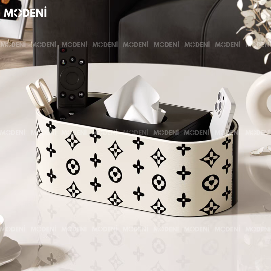 Hộp Khăn Giấy Modena Cao Cấp – Thiết Kế Hoạ Tiết Đen Trắng Thời Thượng – Đựng Khăn & Đồ Dùng Bàn Làm Việc, Sofa, Bàn Ăn Hiện Đại