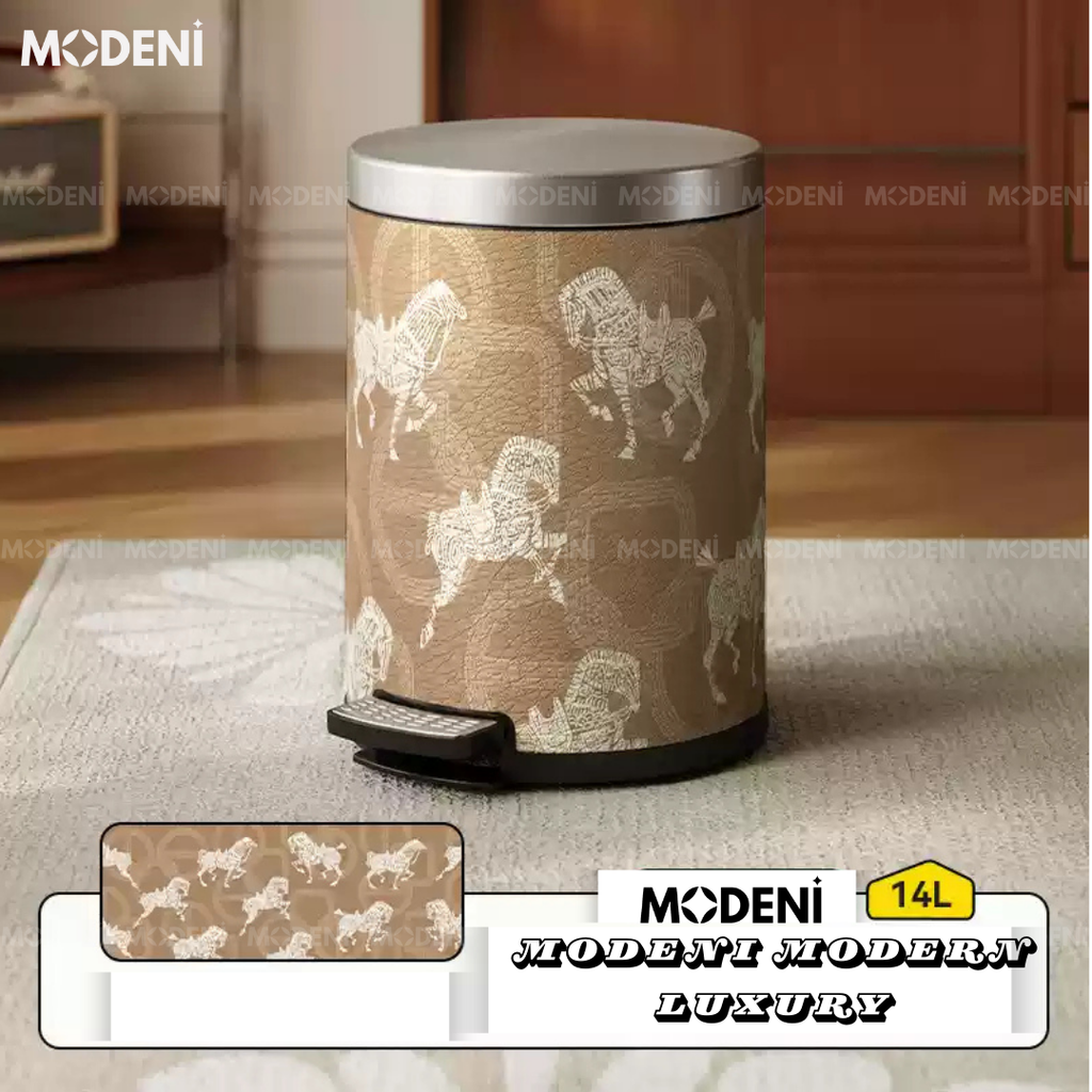 Thùng Rác Có Nắp Sherry Họa Tiết Ngựa – Decor Phòng Sang Trọng – Dung Tích 14L, Thép Không Gỉ, Da Cao Cấp