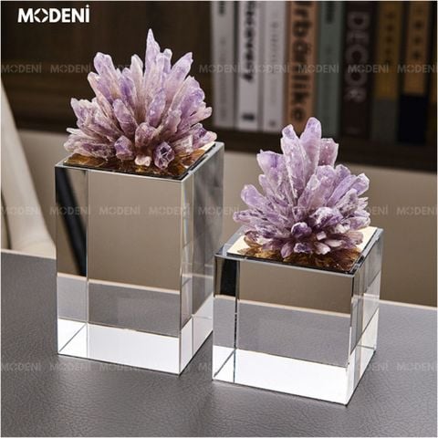 San hô thạch anh tím trên kệ sách – vật phẩm decor độc đáo