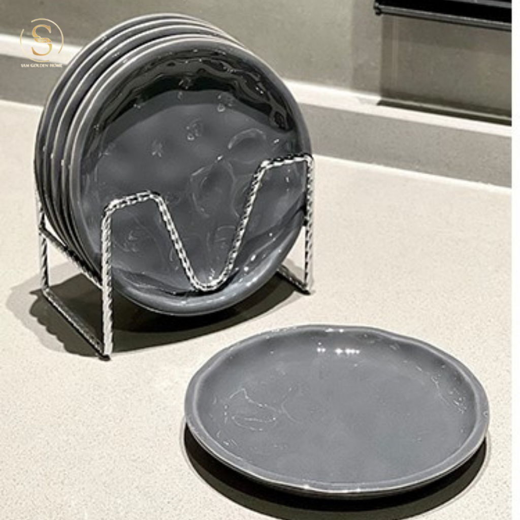 Set 6 Đĩa Eira Đen Kèm Giá Inox Viền Bạc Phong Cách Bắc Âu