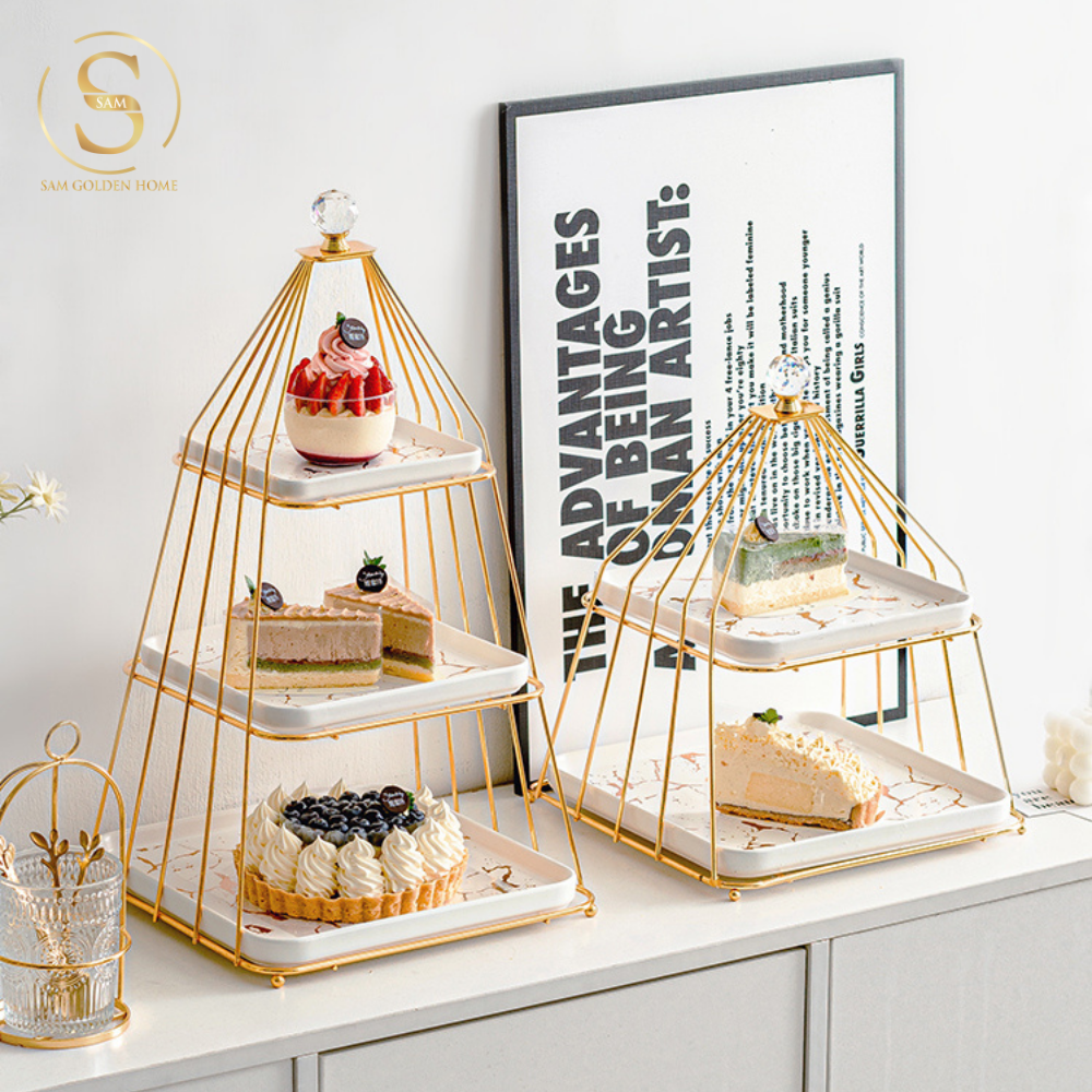 Khay 3 Tầng Bondine – Khung Vàng Đĩa Trắng Marble Sang Trọng, Decor Tiệc Trà Châu Âu
