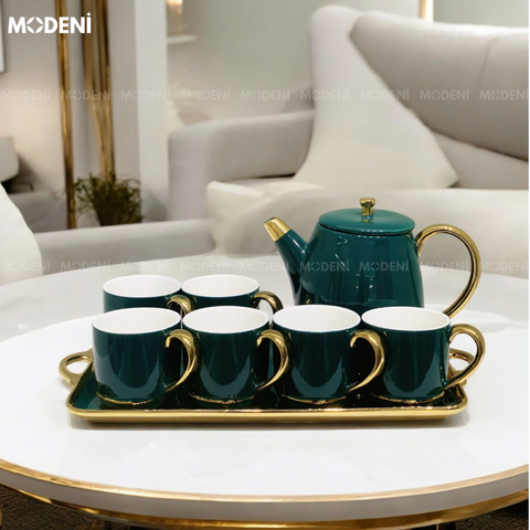  Bộ Ấm Trà Tobi Gốm Sứ Cao Cấp Kèm Khay Đựng Màu Xanh Emerald Sang Trọng Viền Vàng Phong Cách Châu Âu 