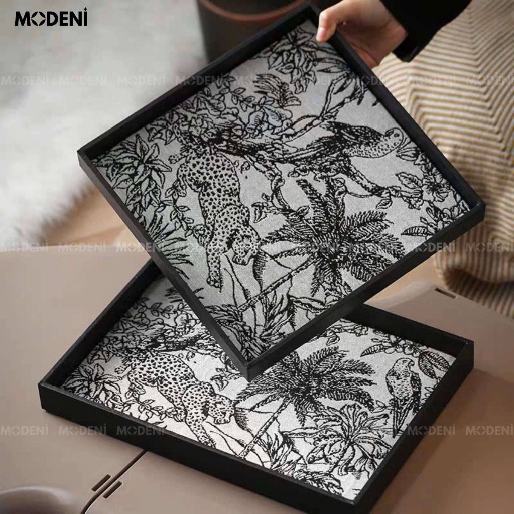 Khay Trang Trí Mahina Cao Cấp – Khay Vải Canvas Nghệ Thuật, Họa Tiết Rừng Đen Trắng – Dành Cho Bàn Sofa/Kệ Decor