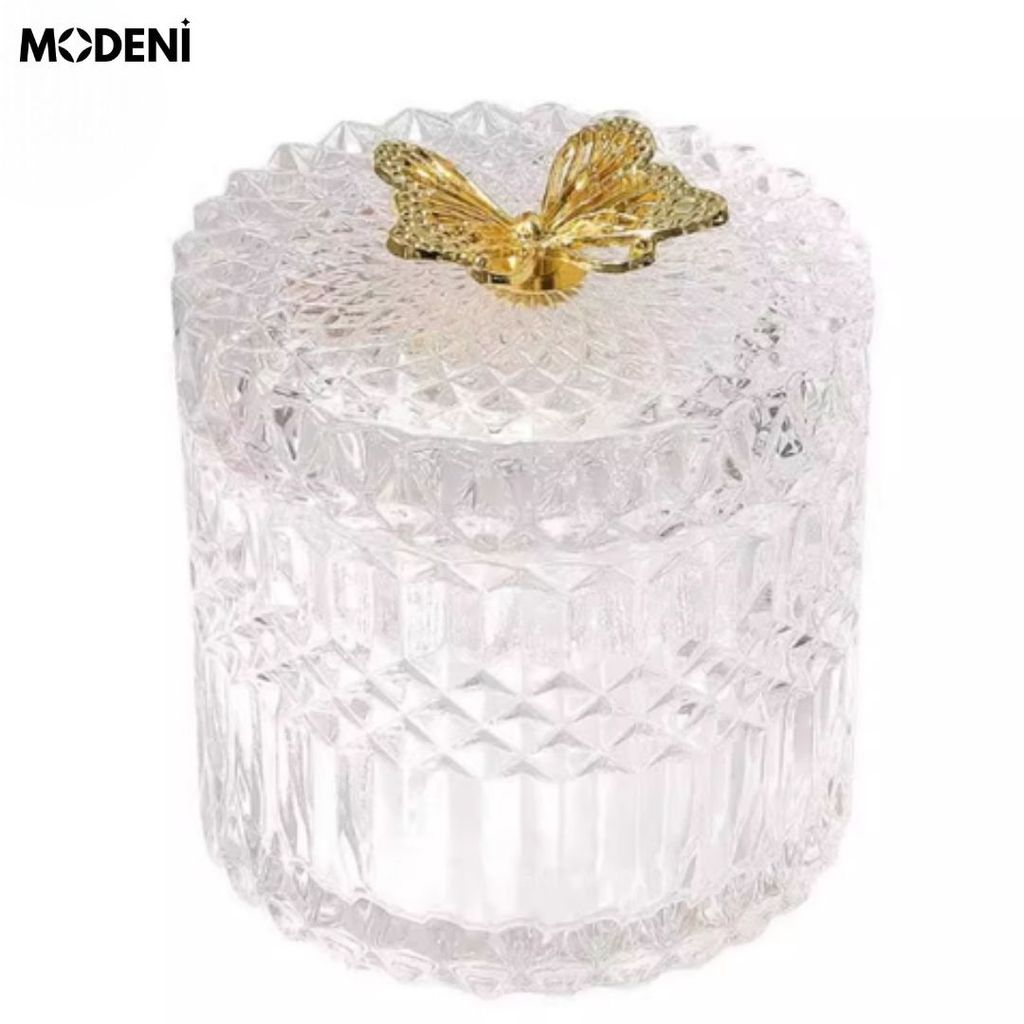 Lọ Iris Retro Pháp – Hũ thuỷ tinh họa tiết sang trọng – Nắp bướm vàng – 12 x 11 cm – Decor cổ điển, đựng bánh kẹo/đồ nhỏ