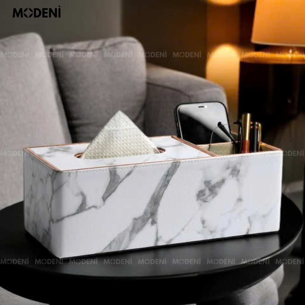 Hộp Khăn Giấy Sapi Trắng Vân Đá Chứ Nhật – Có Ngăn Đựng Đa Năng, Thiết Kế Châu Âu Tối Giản Sang Trọng
