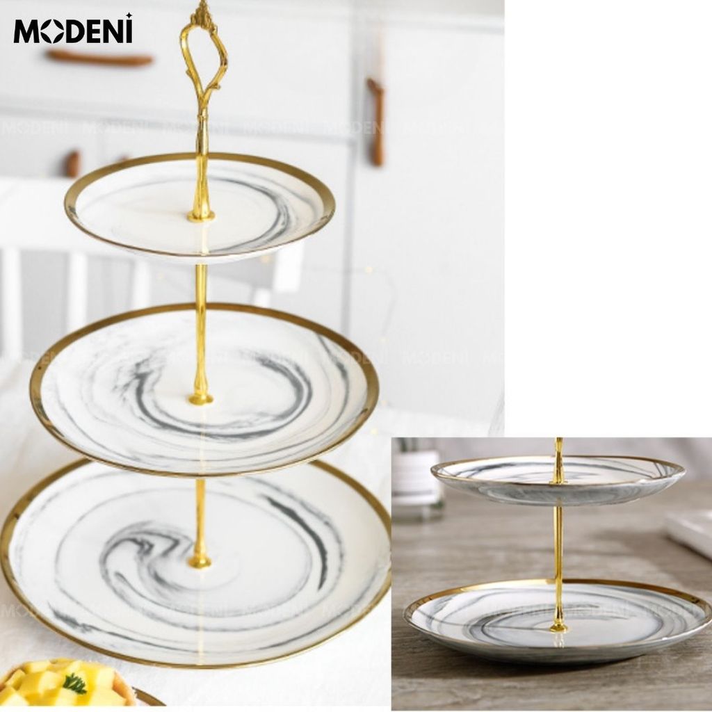 Khay Đựng Bánh Kẹo Pylu Sứ Tráng Men Vân Đá Cao Cấp Viền Vàng| Khay 2 tầng - 3 tầng | Hàn Quốc Sang Trọng